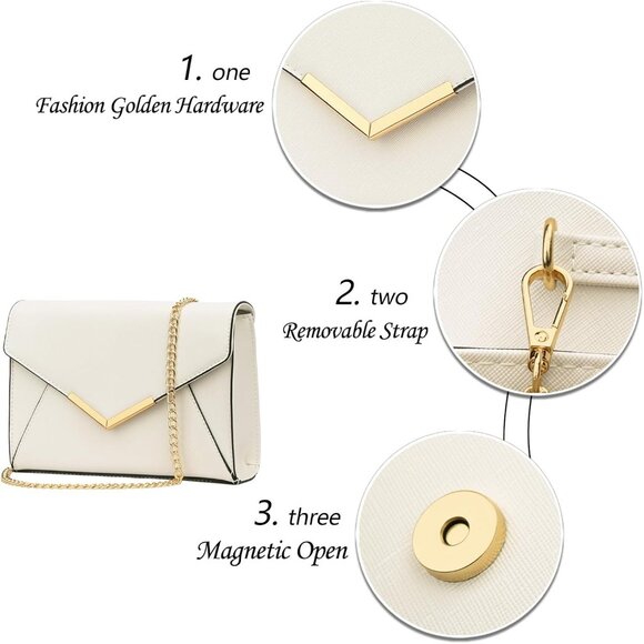 ⚡ Women's White Leather Elegant Snap Closure Envelope Foldover Clutch Bag - Picture 4 of 6